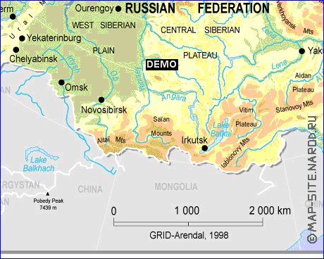 Physique carte de Russie en anglais